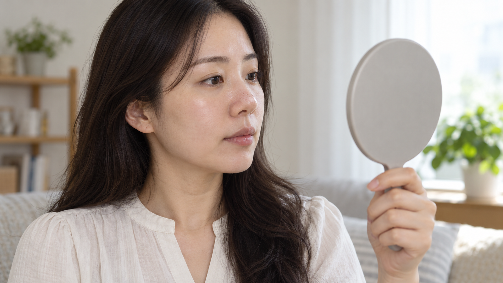 손거울을 들고 코와 얼굴 주변을 살피는 성인