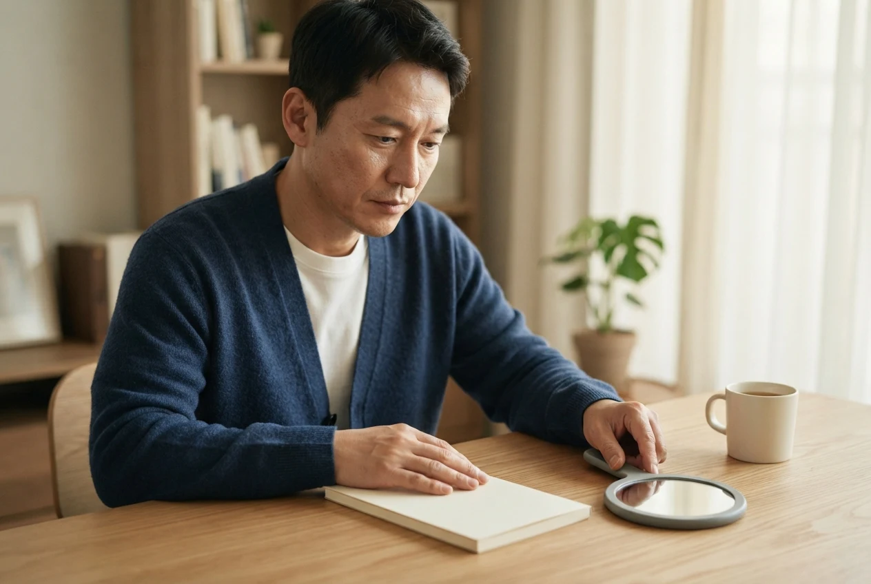 노트와 손거울을 내려놓고 결정을 다시 생각하는 남성