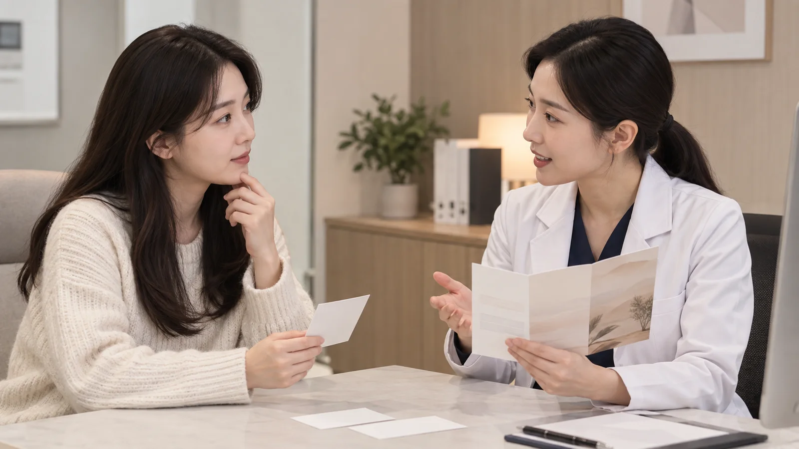 여성 의료진과 환자가 면도 자극 기록 카드를 보며 제모 상담하는 장면