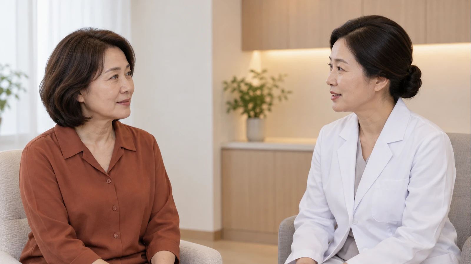 진료 공간에서 의료진 역할 인물의 설명을 듣는 갈색 상의 성인