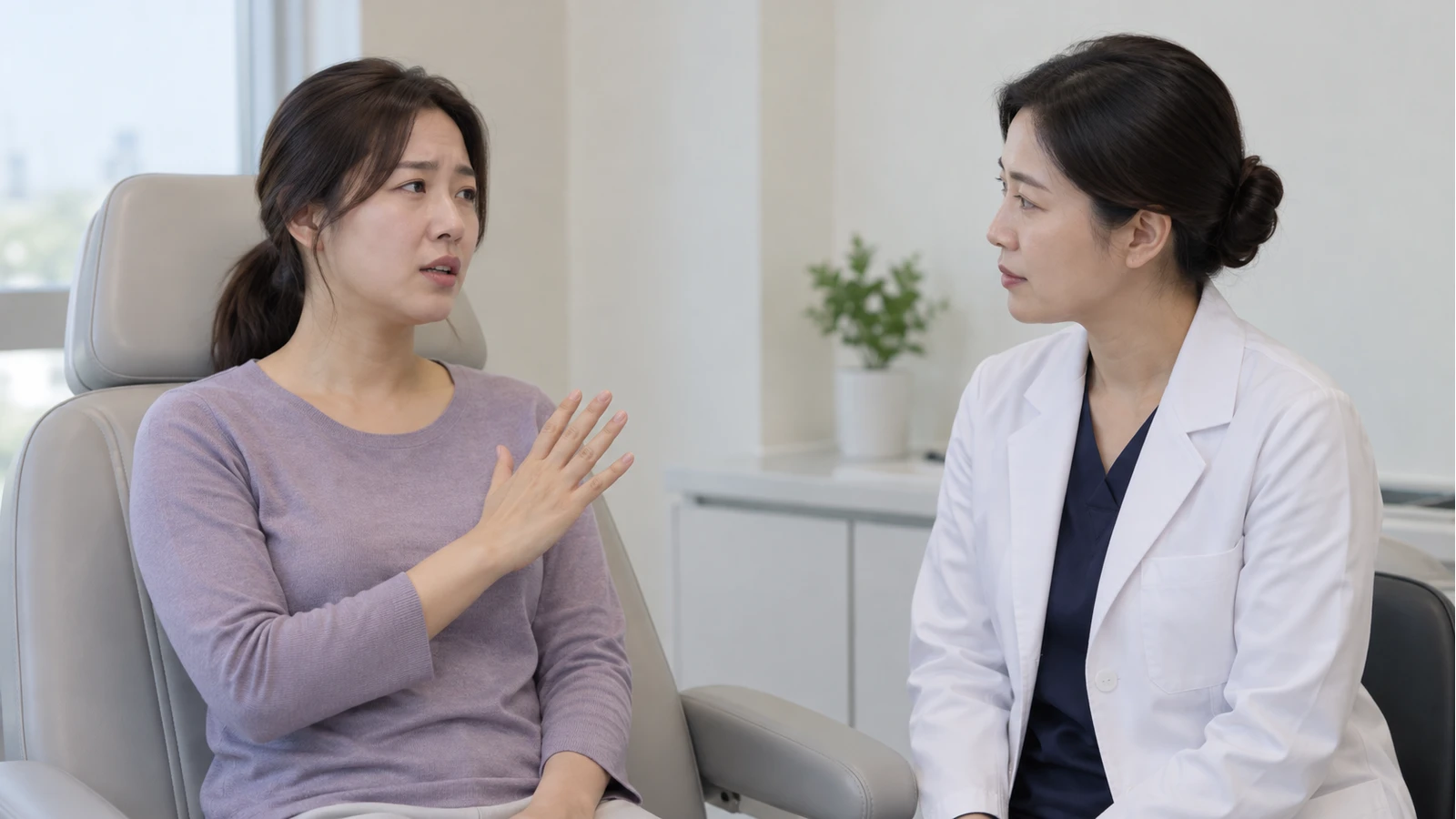 가슴 앞에 다섯 손가락을 펴 올린 채 의료진 역할 인물에게 말하는 성인