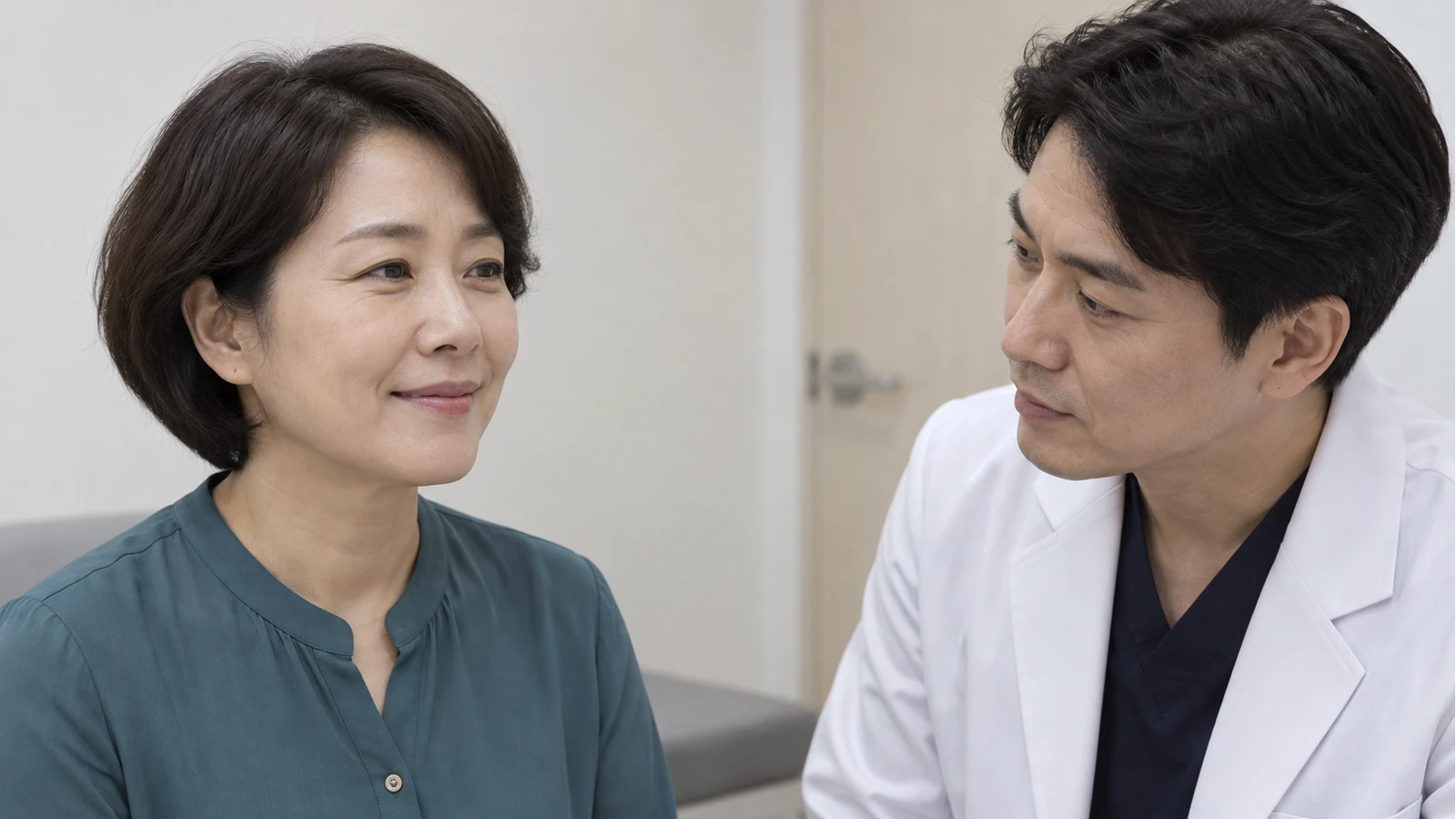 가볍게 미소 짓는 성인과 옆에서 입가를 관찰하는 의료진 역할 인물