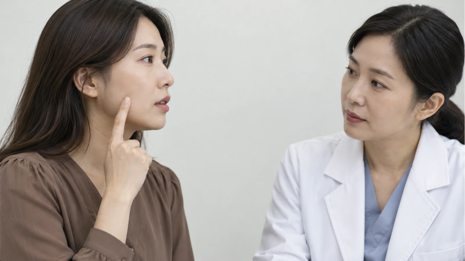 검지로 볼을 가볍게 가리키며 의료진 역할 인물과 이야기하는 성인