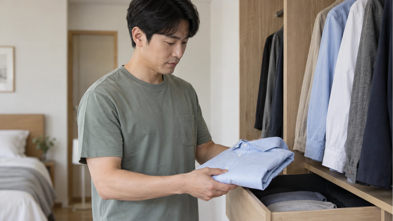 옷장 앞에서 접힌 파란 셔츠를 두 손으로 드는 성인 남성