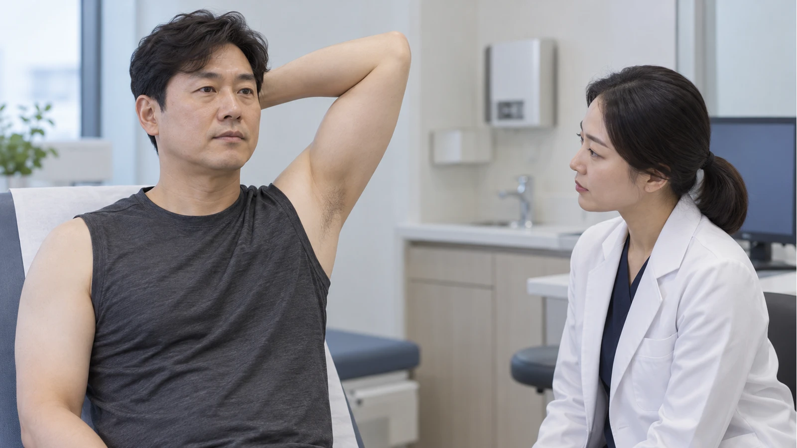 한쪽 팔을 올린 성인의 겨드랑이를 떨어져 살펴보는 의료진 역할 인물