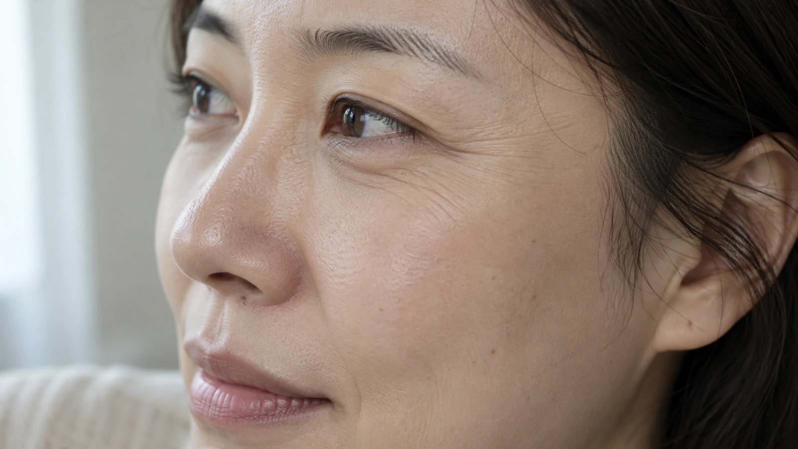눈가의 잔주름과 볼의 피부 질감이 가까이 보이는 여성의 얼굴
