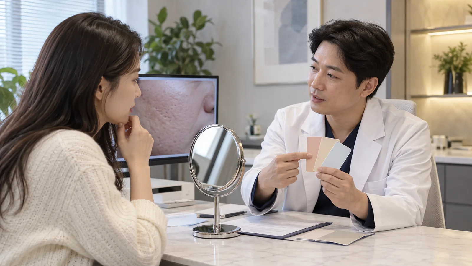 깊이와 경사가 다른 흉터 피부 모형 세 개를 놓은 교육용 책상