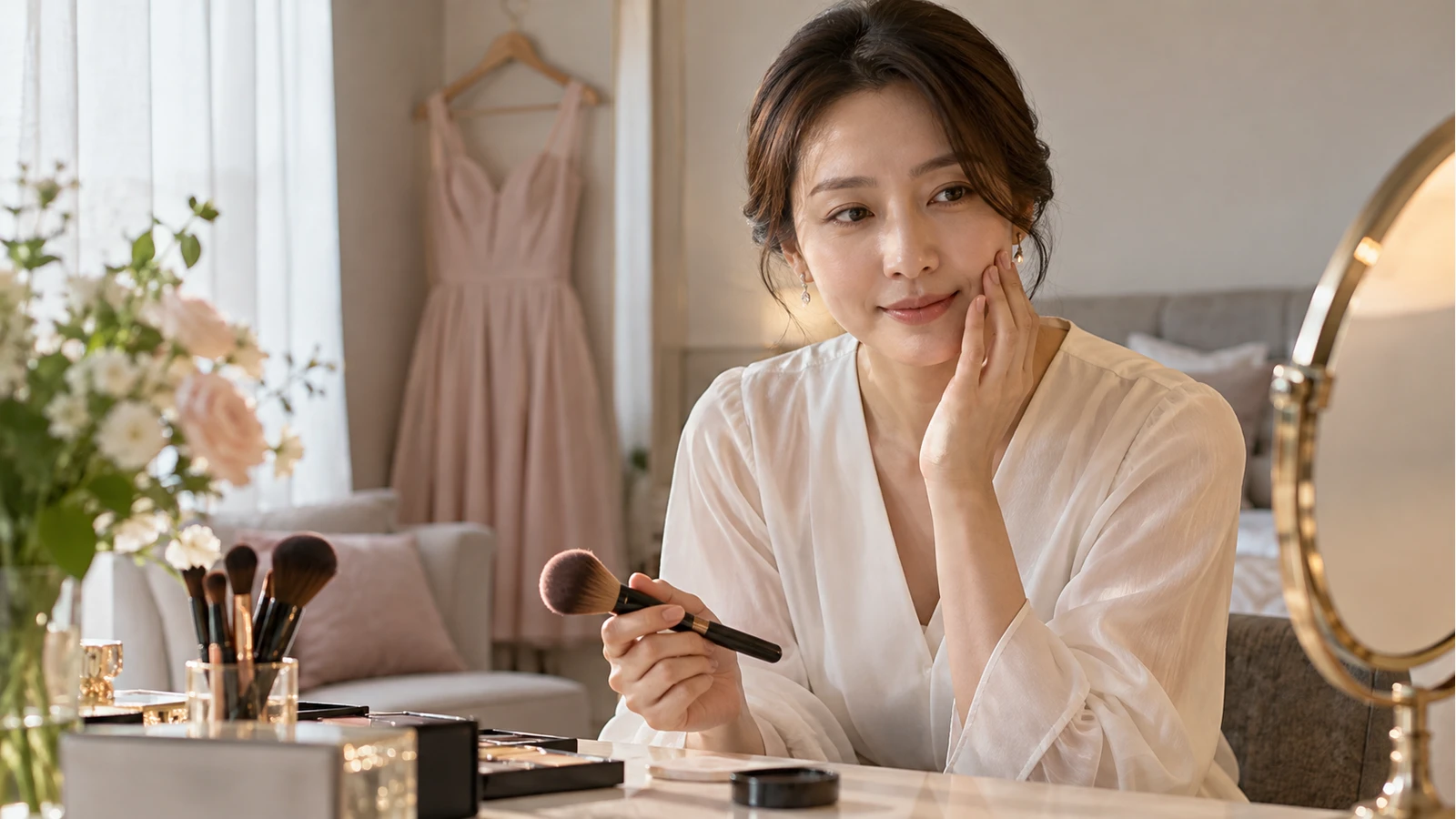 원피스가 걸린 화장대 앞에서 여성이 화장용 붓을 들고 다른 손을 볼에 댄 모습