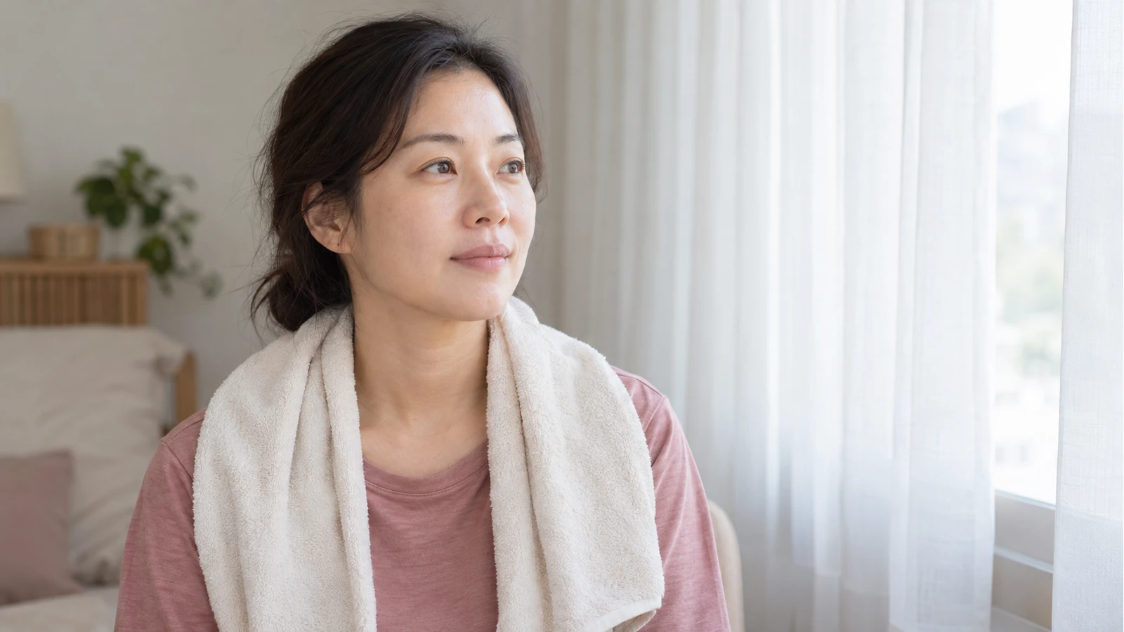 어깨에 수건을 두르고 창가에 앉아 있는 분홍색 상의의 성인 여성