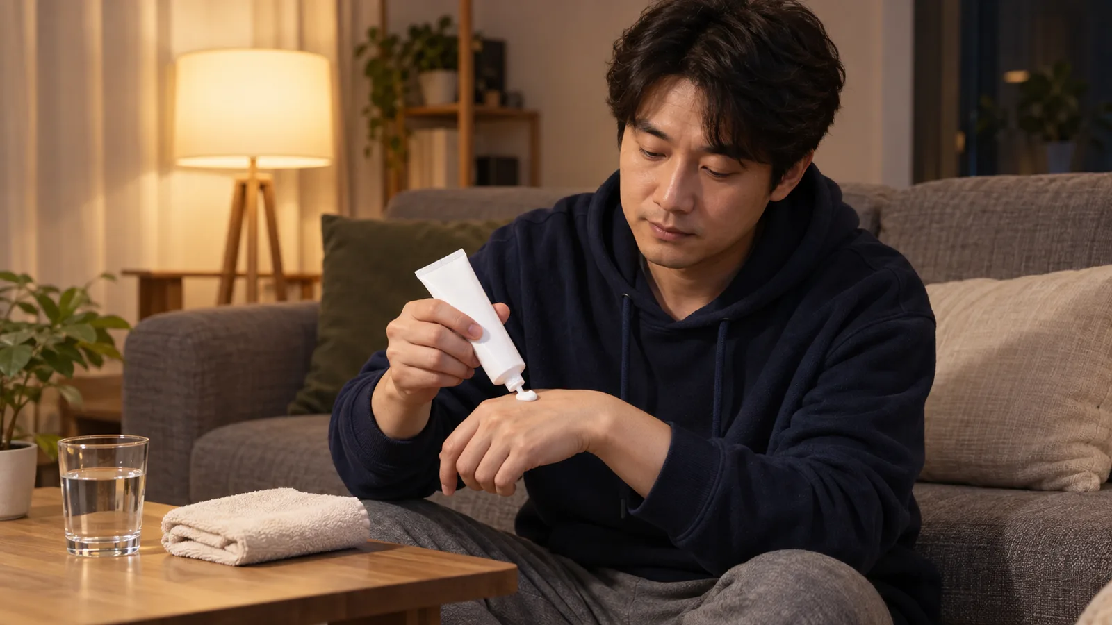 저녁 거실 소파에 앉아 흰 튜브의 크림을 손등에 덜어 두는 남성과 탁자 위 물컵과 접은 수건
