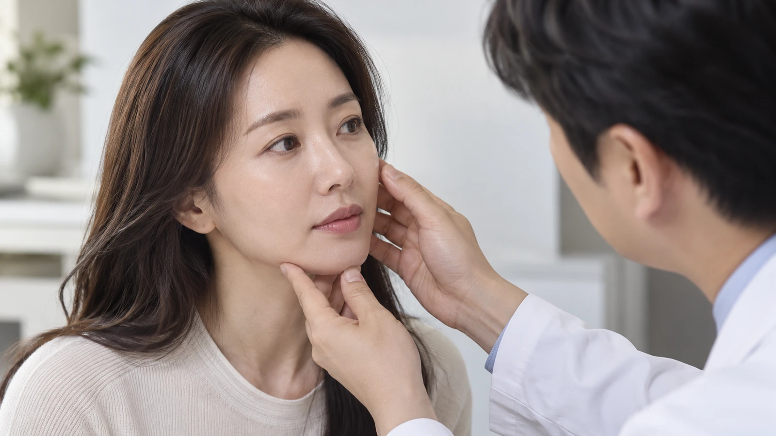 흰 가운을 입은 인물이 여성의 턱 아래를 받치고 다른 손으로 볼을 살피는 모습