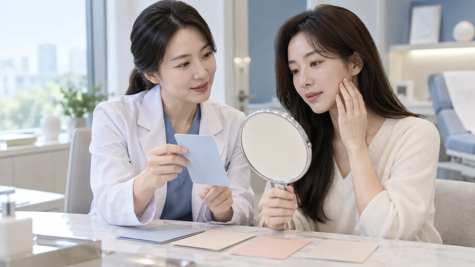 피부 수분과 결 개선 목표 카드를 거울 옆에 두고 스킨부스터를 상담하는 장면