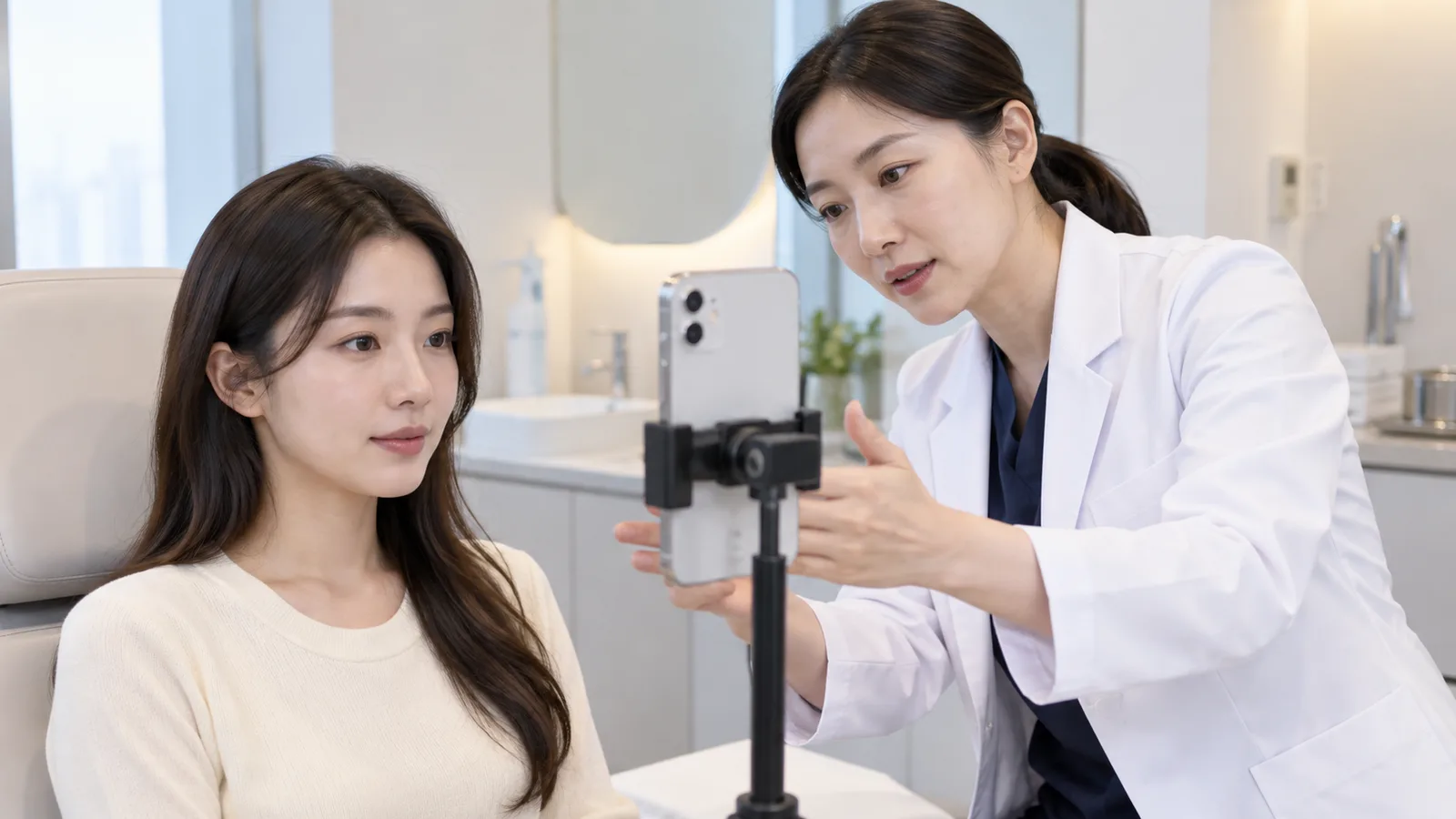 같은 조명과 각도로 피부 사진을 기록하는 방법을 의료진이 설명하는 모습