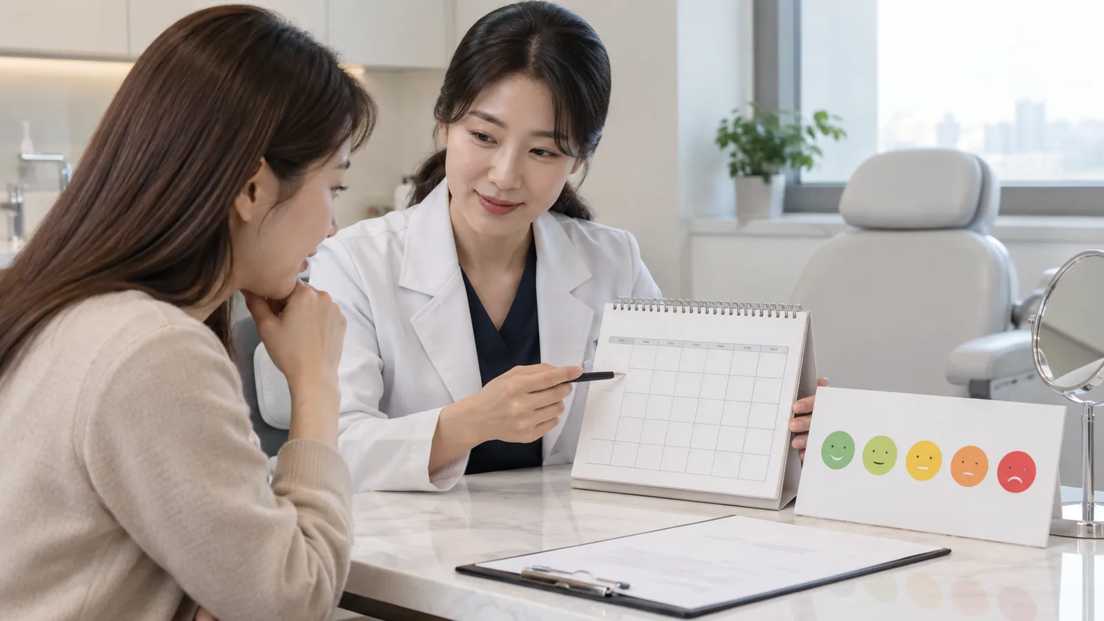 피부 열감과 회복 일정을 색상 카드로 확인하는 비시술 상담 장면