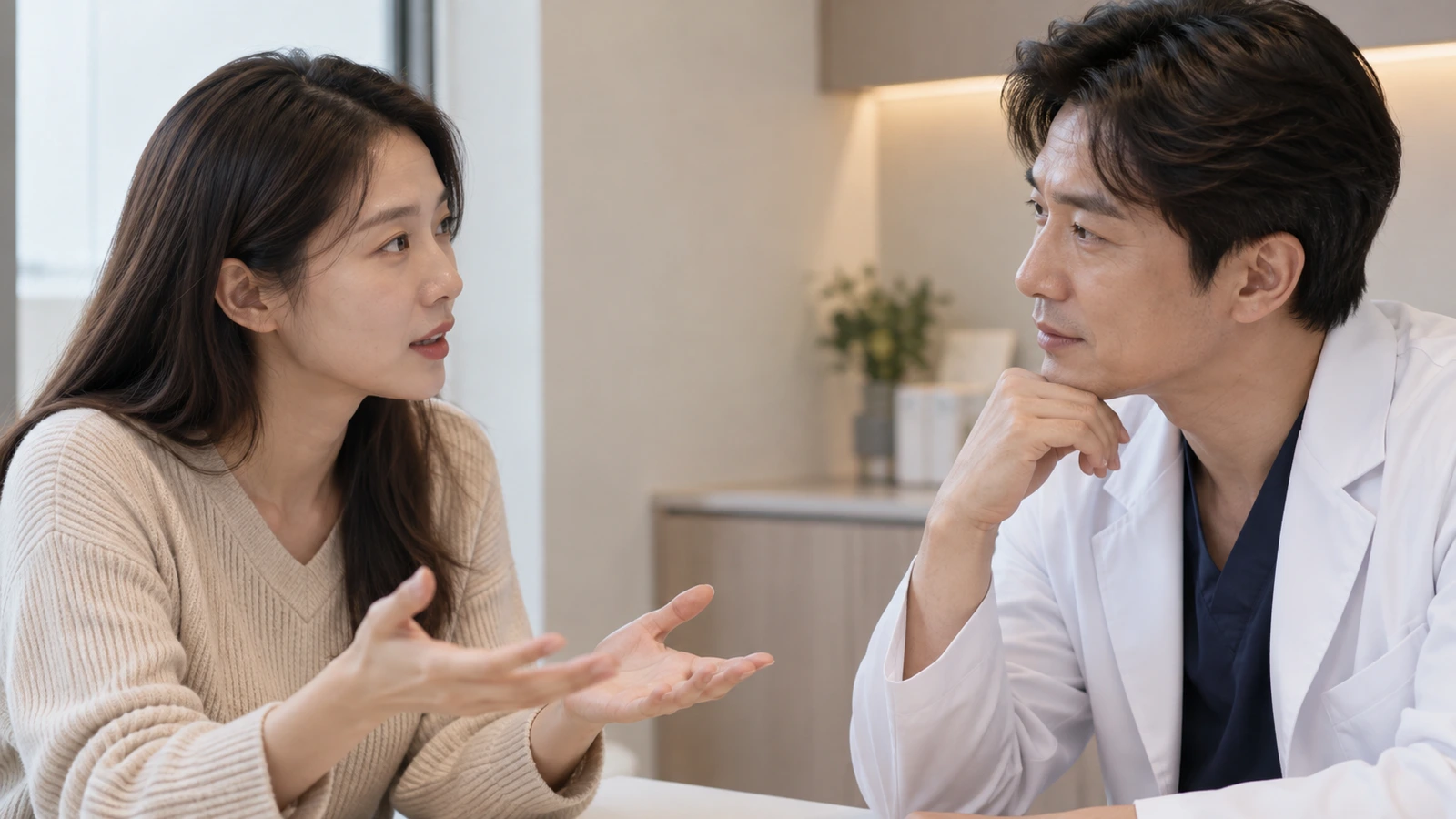 두 손바닥을 펼쳐 이야기하는 여성과 턱을 괴고 듣는 흰 가운 차림의 남성