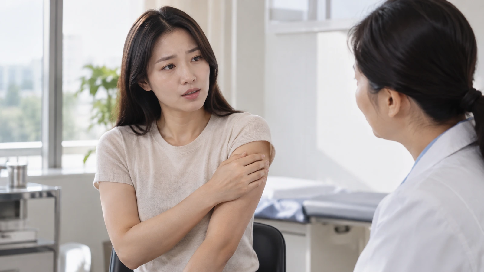 반대 손으로 위팔을 짚으며 흰 가운을 입은 상대에게 이야기하는 여성