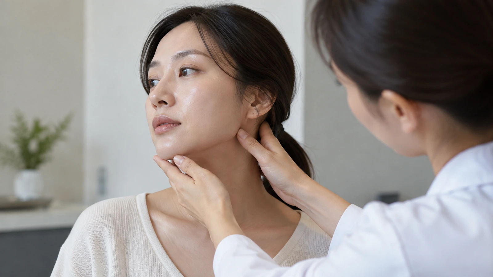 고개를 옆으로 돌린 여성의 턱 아래와 귀 아래에 흰 가운 인물이 손을 대고 얼굴을 살피는 모습
