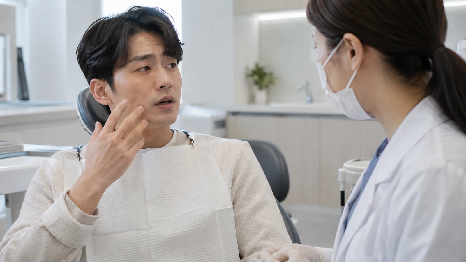 진료 의자에 앉은 남성이 한 손을 볼 가까이 들어 마스크를 쓴 흰 가운 인물에게 말하는 모습