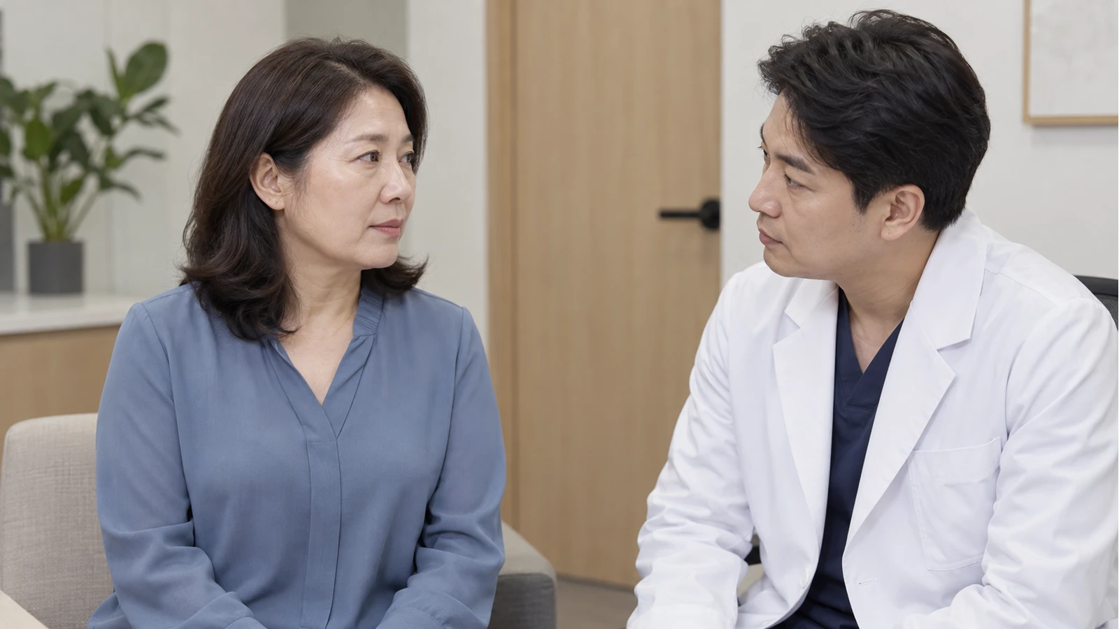 진료 공간에서 같은 눈높이의 의료진 역할 인물에게 눈가를 보여주는 성인 여성