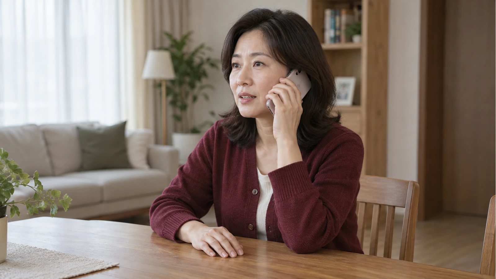 탁자 옆에서 한 손으로 휴대전화를 귀에 대고 이야기하는 성인 여성