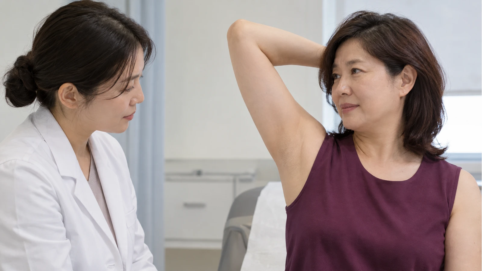 자주색 민소매를 입고 팔을 든 성인의 겨드랑이를 접촉 없이 살펴보는 의료진 역할 인물