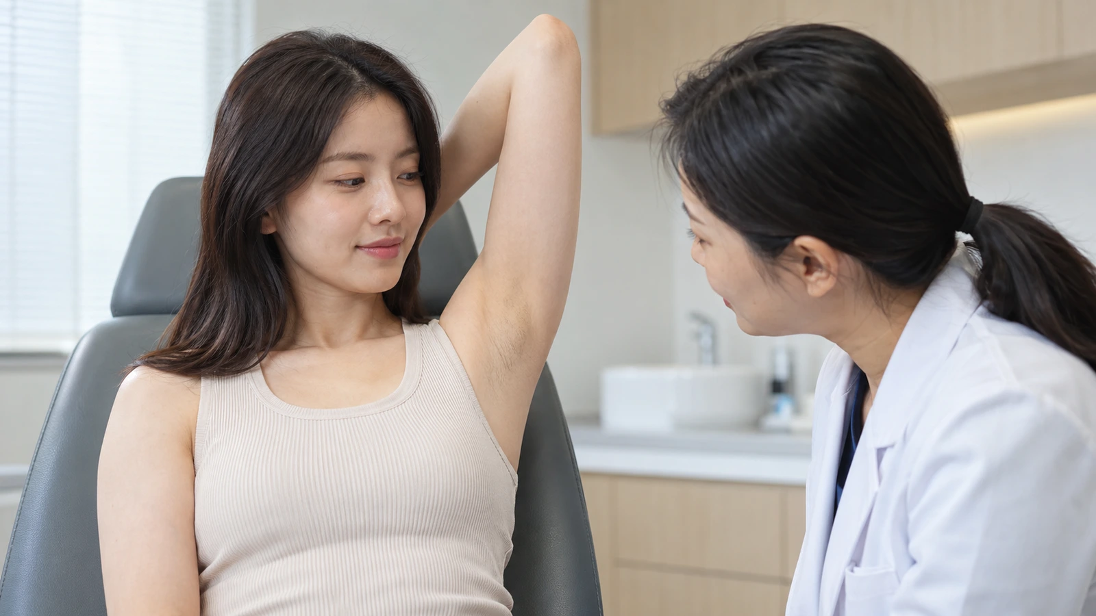 진료 의자에서 한 팔을 올린 성인의 겨드랑이를 흰 가운 인물이 살피는 모습