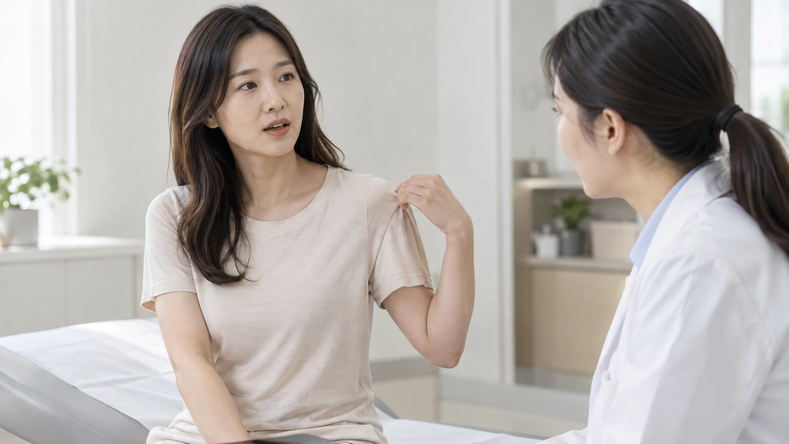 어깨 쪽 소매 천을 손으로 잡아 띄우며 흰 가운 인물에게 이야기하는 성인