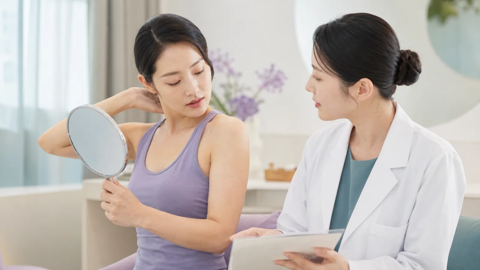 거울 앞에서 겨드랑이 피부 상태를 차분히 확인하는 성인과 상담 기록을 준비하는 장면