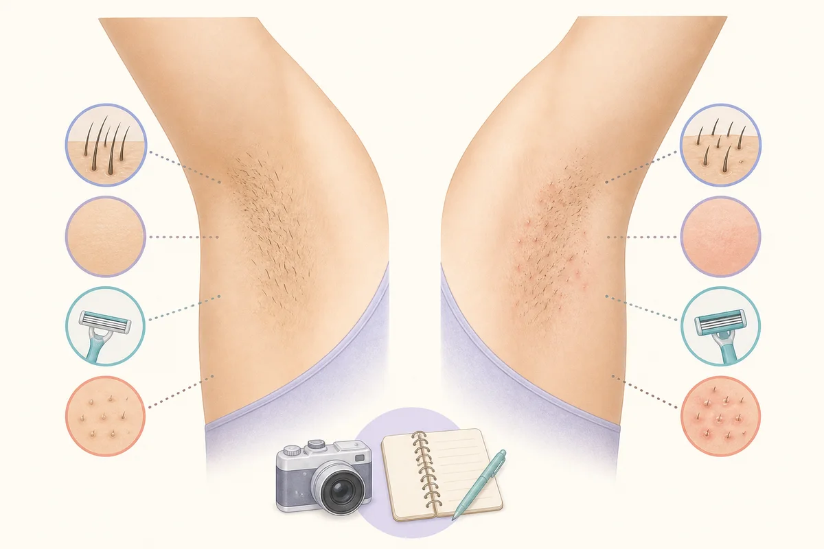 양쪽 겨드랑이의 털 분포, 평소 피부색, 면도 뒤 붉어짐과 반복되는 뾰루지 위치를 나누어 기록하는 상담용 이미지
