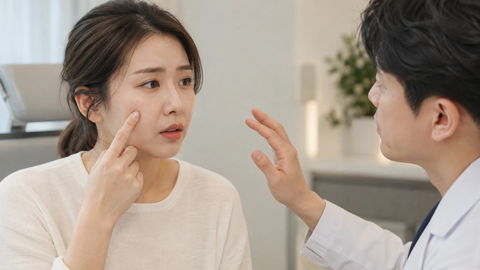 검지로 볼의 위치를 가리키는 여성과 손을 들어 가까이 살펴보는 의료진 역할의 남성