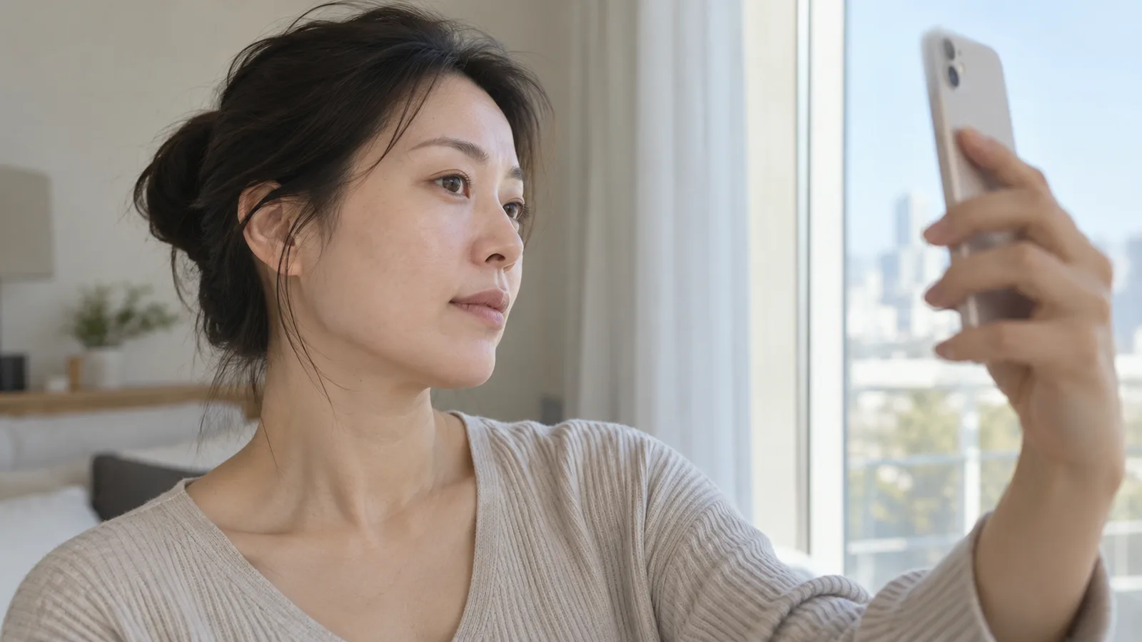 창가 자연광 속에서 성인 여성이 스마트폰을 얼굴 옆으로 들어 올려 화면을 보며 한쪽 볼을 촬영하는 옆모습이다.