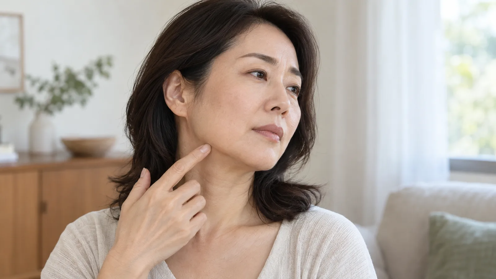 자연광이 드는 거실에서 40대 여성이 검지로 한쪽 턱선 아래 목 부위를 가리키며 창밖 쪽을 생각에 잠긴 듯 바라보고 있다.
