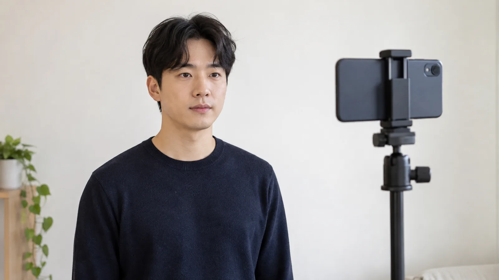 밝은 흰 벽 앞에서 남색 니트를 입은 성인 남성이 정면을 보고 서 있고 옆에 휴대폰을 끼운 삼각대가 세워져 있다.