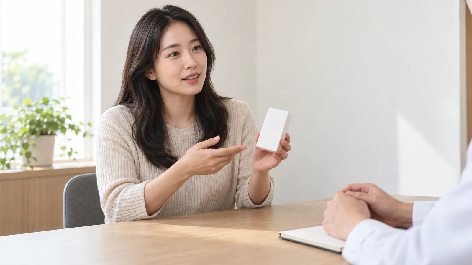 상담 책상에서 성인 여성이 글자 없는 흰 상자를 들고 손짓하며 설명하고 맞은편에는 흰 가운을 입은 의료진의 맞잡은 손만 보인다.