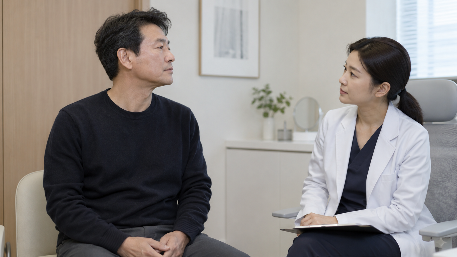 고개를 옆으로 돌린 성인의 얼굴을 바라보는 의료진 역할의 인물