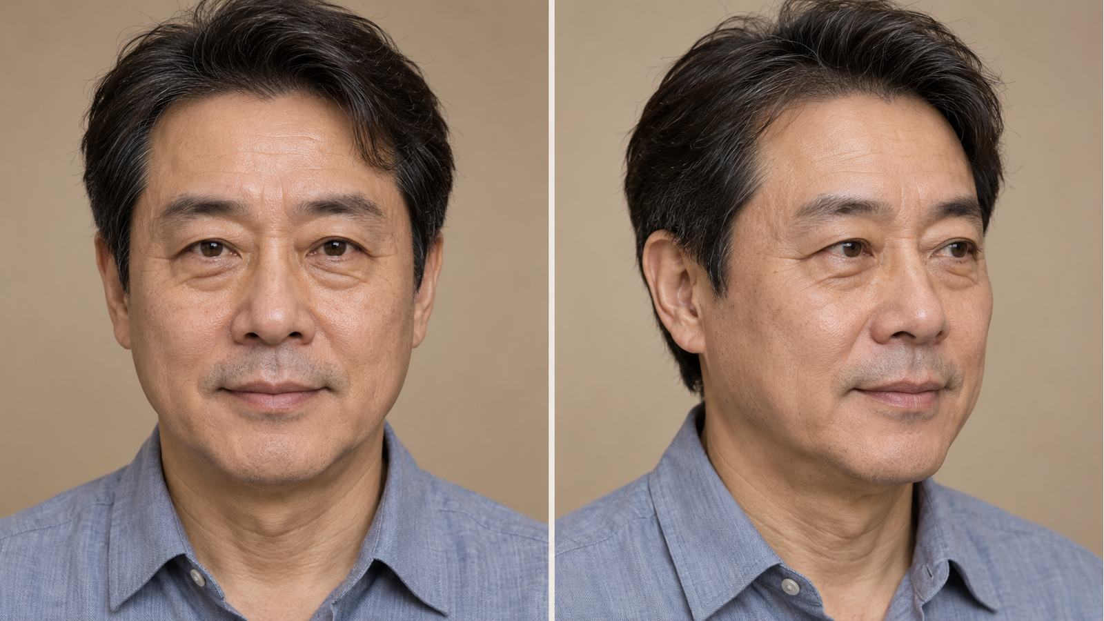 성인 남성의 얼굴을 정면과 사선에서 나란히 보여주는 두 패널 이미지